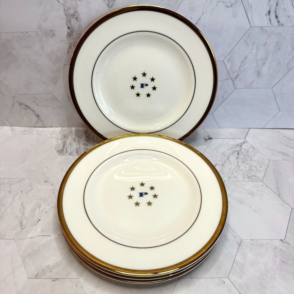 Pickard Fine China 6 1/4" Dessert Plates Set Of 4 Gold Trim Stars Custom Design
